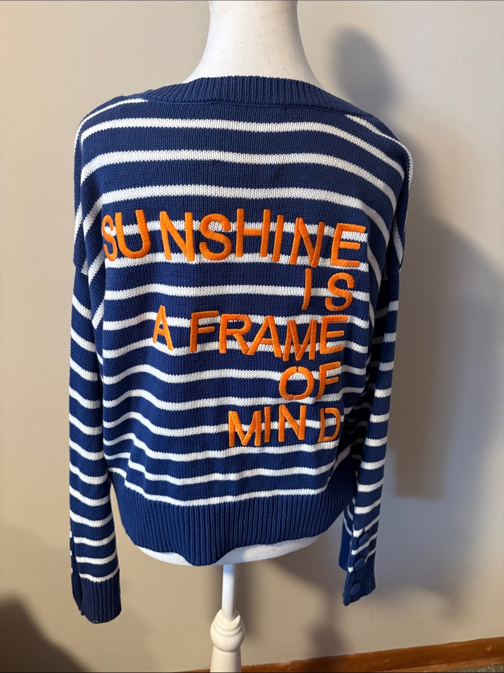 XO KR Kerri Rosenthal Oversized Cotton Blend Navy and White Striped V-Neck. Sz M